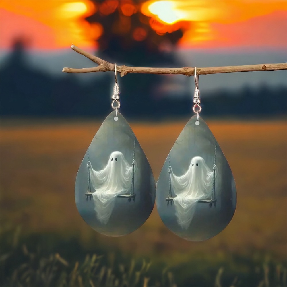 Cute Ghosts On Swing Teardrop Shape Earrings, Gothic Style Dangle‎ Earrings